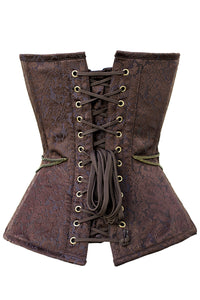 Ornate Brown Brocade Overbust Corset with Antique Brass Appliqués and Swing Hooks