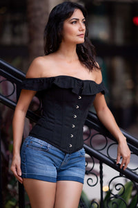 Corset Story CSFT102 Black Cotton Straight Bustline Corset Top With Off The Shoulder Sleeves
