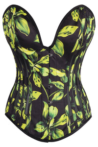 Green and Black Floral Print Overbust Corset with Plunge Neckline and Side Mesh Panels