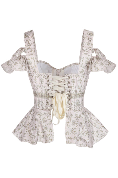 Pale Blush Botanical Peplum Corset with Ruffled Shoulder Straps