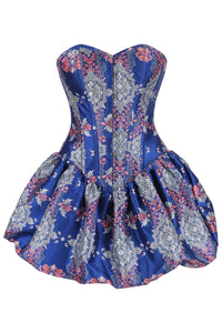 Royal Sapphire Corset Dress with Pink Floral Accents