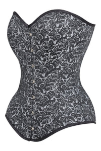 Long Silver Brocade Pattern Corset With Hip Gores