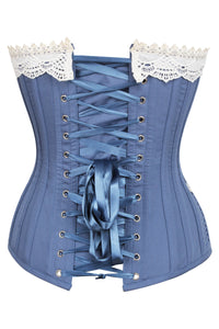 Historically Inspired Blue Longline Corset with Lace and Ribbing