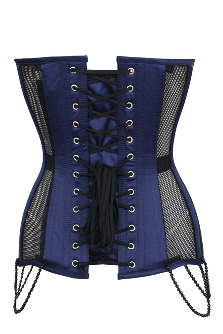 Navy Blue with Black Mesh and Lace Appliqué Waist Taming Overbust Corset