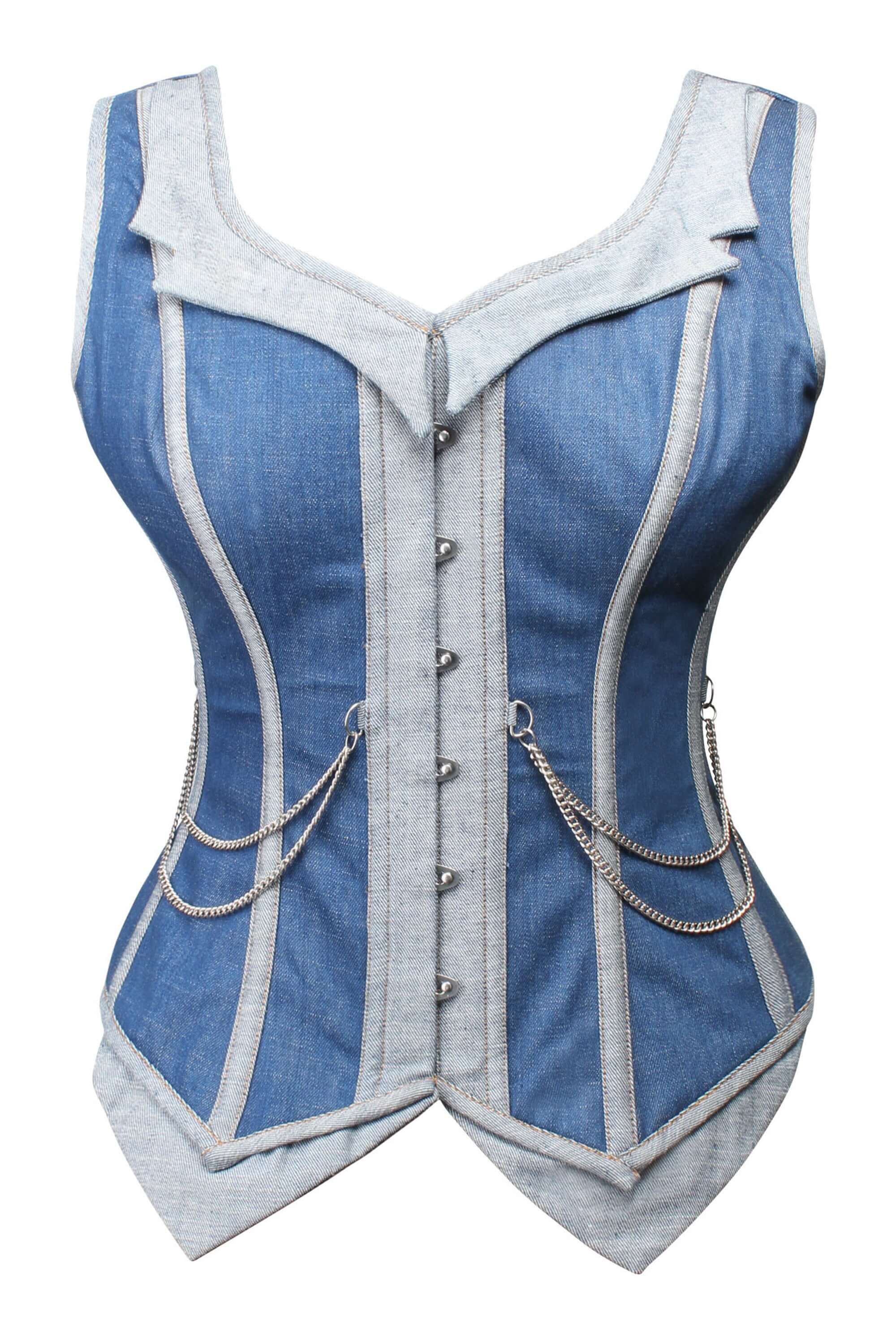 Delia Blue Chambray Cropped Corset With Spaghetti Straps