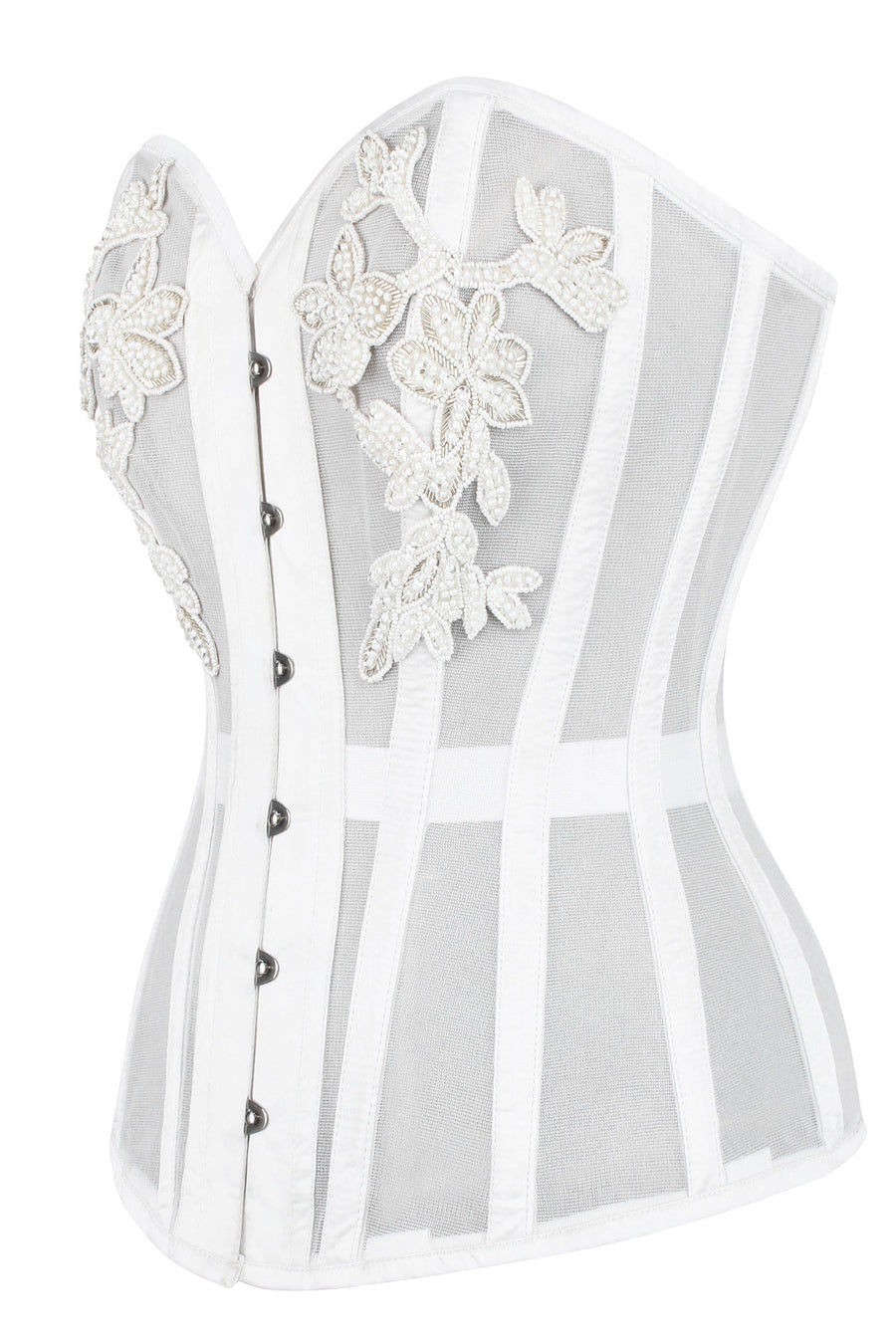 lace up layered corset（white,F） WHITE MESH AND LACE APPLIQUÉ CORSET
