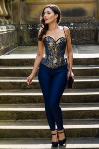 Corset Story A3733 Blue With Gold Brocade Pattern Overbust With Hooks