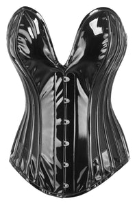 Corset Story BC-017 Black PVC Overbust Corset with Plunge Neckline and Side Mesh Panels