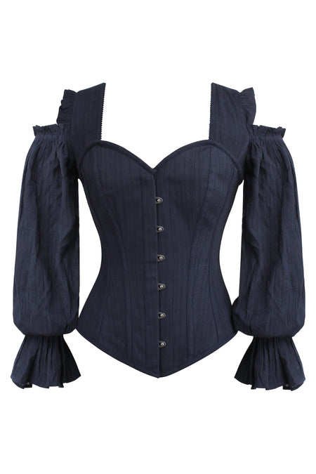 corset overbust C110 in blue satin edged with black - Boho-Chic