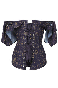 Corset Story CSFT160 Mystic Galaxy Indigo And Gold Corset Top With Frilled Sleeve