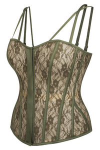 Clementine Capulate Olive Cotton Satin and Lace Overbust Corset with Spaghetti Straps