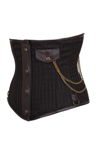 Brown Striped Steampunk underbust with steel busk covered detail and pocket chain