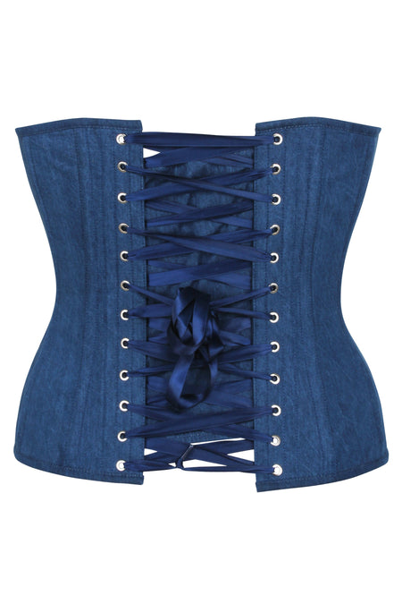 Dahlia Blue Chambray Overbust Corset with Zip Front