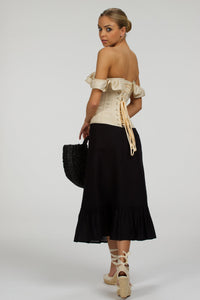 Corset Story SC-099 Olive Black Linen Blend Midi Skirt with Ruffle Hem
