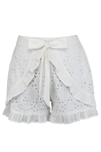 Corset Story SC-106 Daisy White Broderie Anglaise Cotton Shorts With Frill Edge and Self Tie Belt