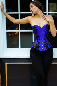 Corset Story WTS518 Navy Blue Longline Overbust Corset with Black Lace and Mesh Panels